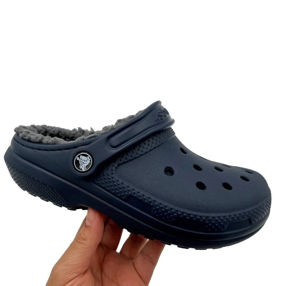 Crocs Boys Lined Clogs Size 2 (J2) Navy Blue Lightweight Cozy Comfy Slip on Shoe